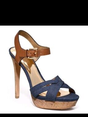 Coach Dani Denim & Leather Open Toe High Heel Platform Sandals